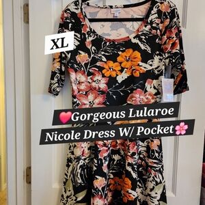 LuLaRoe Nicole Dress Black Floral Pockets New XL Large Vintage Flowers Unicorn L